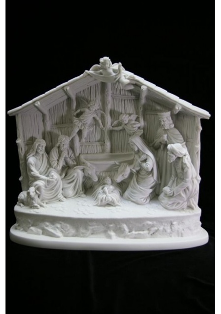 Nativity Set Scene Statue by Vittoria Collection Made in Italy. This piece of art is made out of a composite of powdered marble, stone, and alabaster. Item is then hand finished with special tools to refinish the details of this fantastic statue.