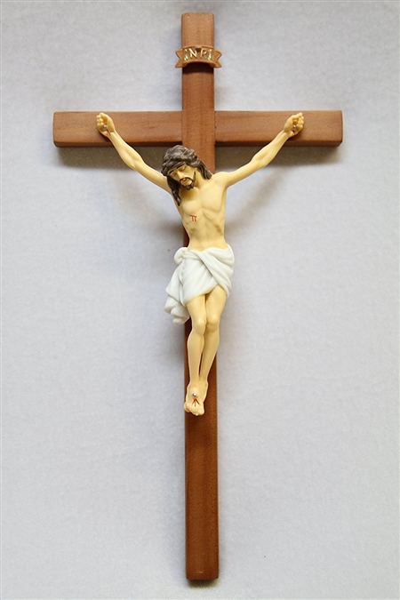 Cherry Wood Crucifix Wall Cross Jesus Hand Painted Corpus Italian Statue Sculpture Catholic Religious Gift Vittoria Collection Made in Italy